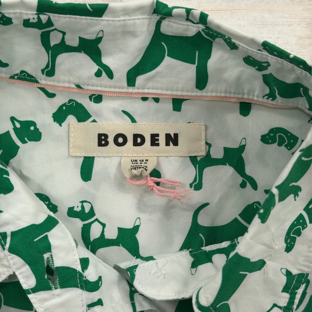 Boden Button Down Shirt 8 Long Sleeve Dog Print Green White Women - Picture 5 of 10